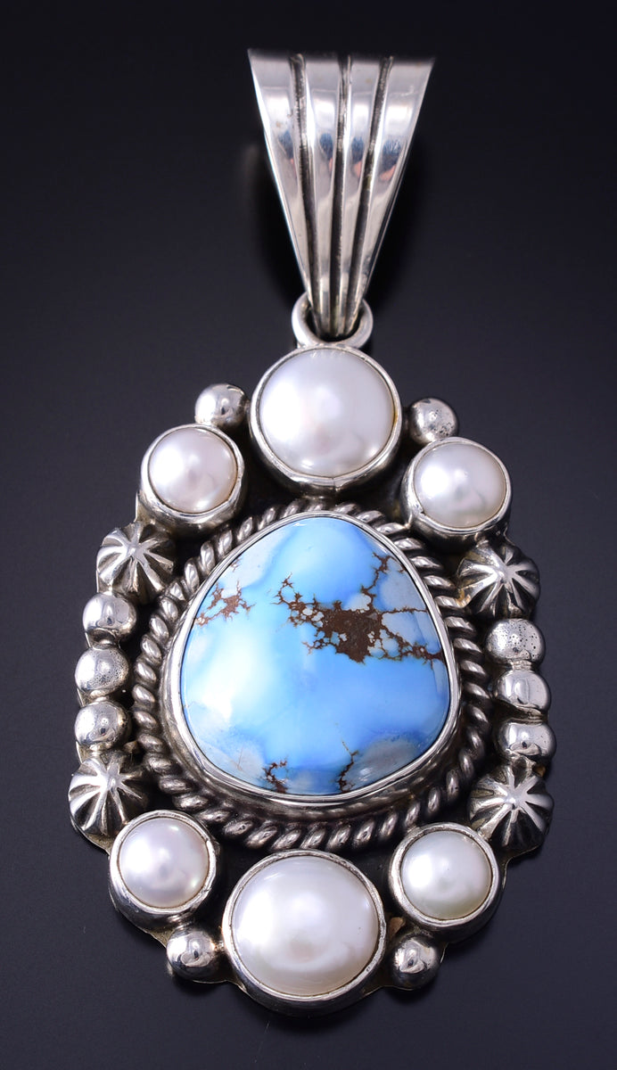 Silver & Golden Hills Turquoise Fresh Pearl Navajo Pendant by