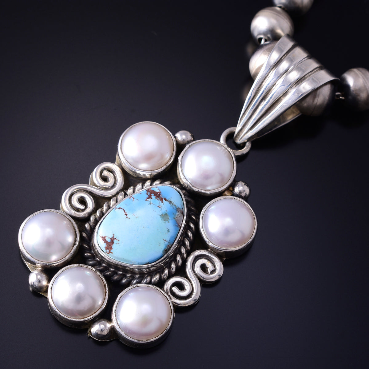 Silver & Golden Hills Turquoise Fresh Pearl Navajo Pendant by
