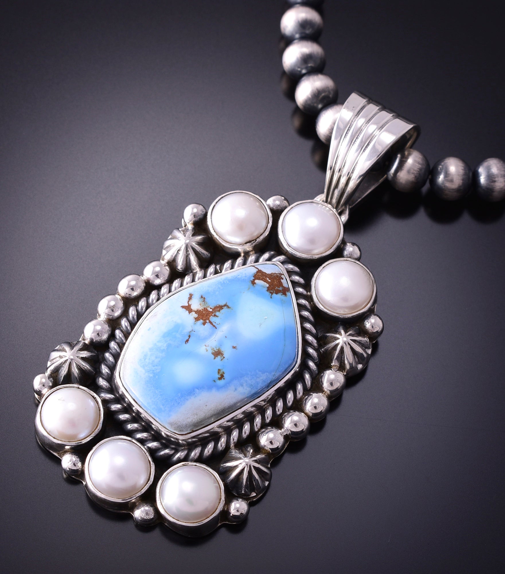 Silver & Golden Hills Turquoise w/ Pearl Navajo Pendant by Erick Begay 4C01Z
