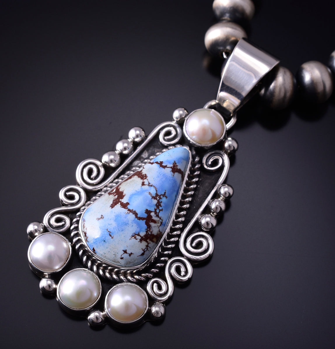 Silver & Golden Hills Turquoise Fresh Pearl Navajo Pendant by