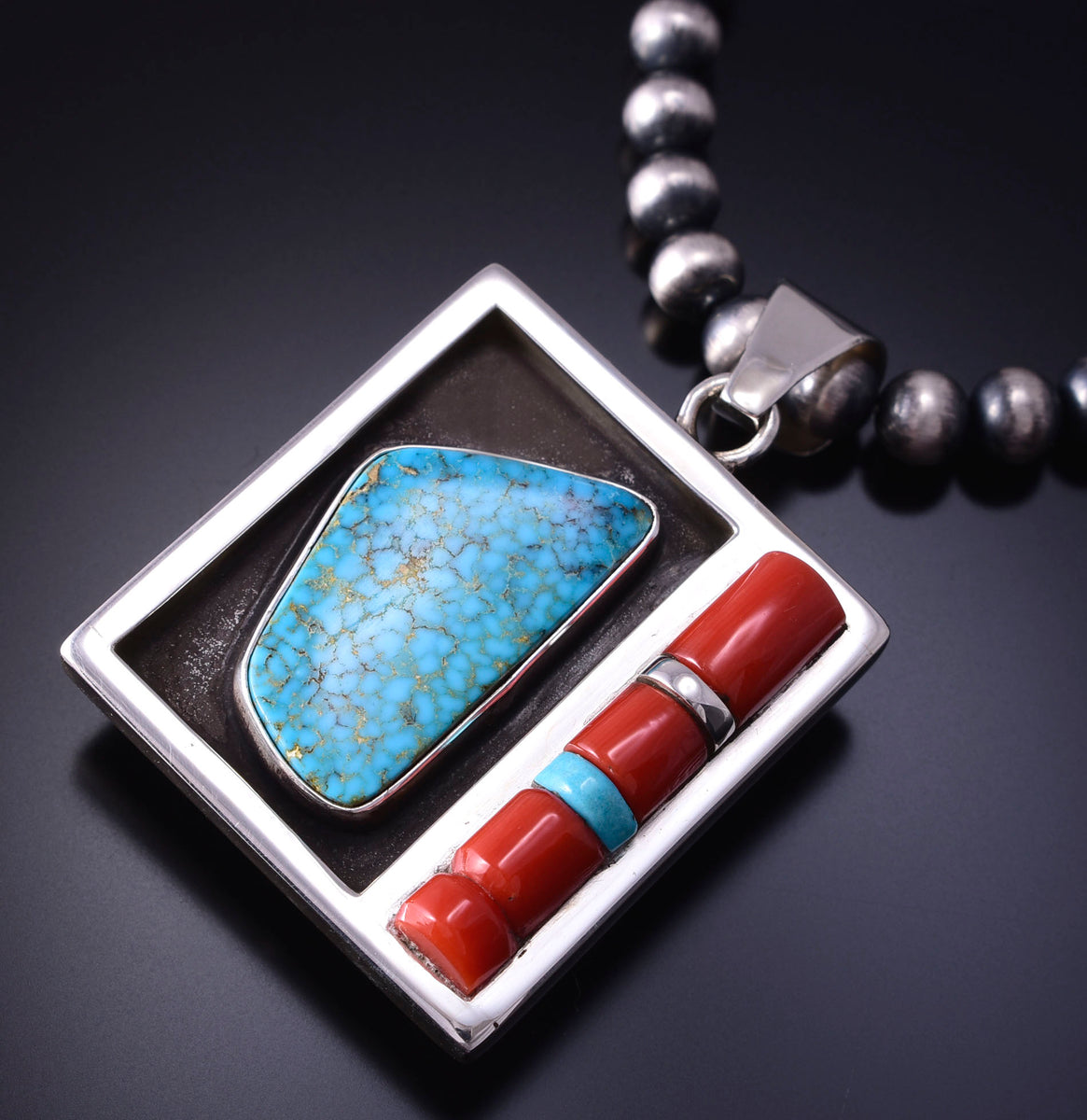 Reversible Silver & Coral Multistone Navajo Inlay Pendant by Erick