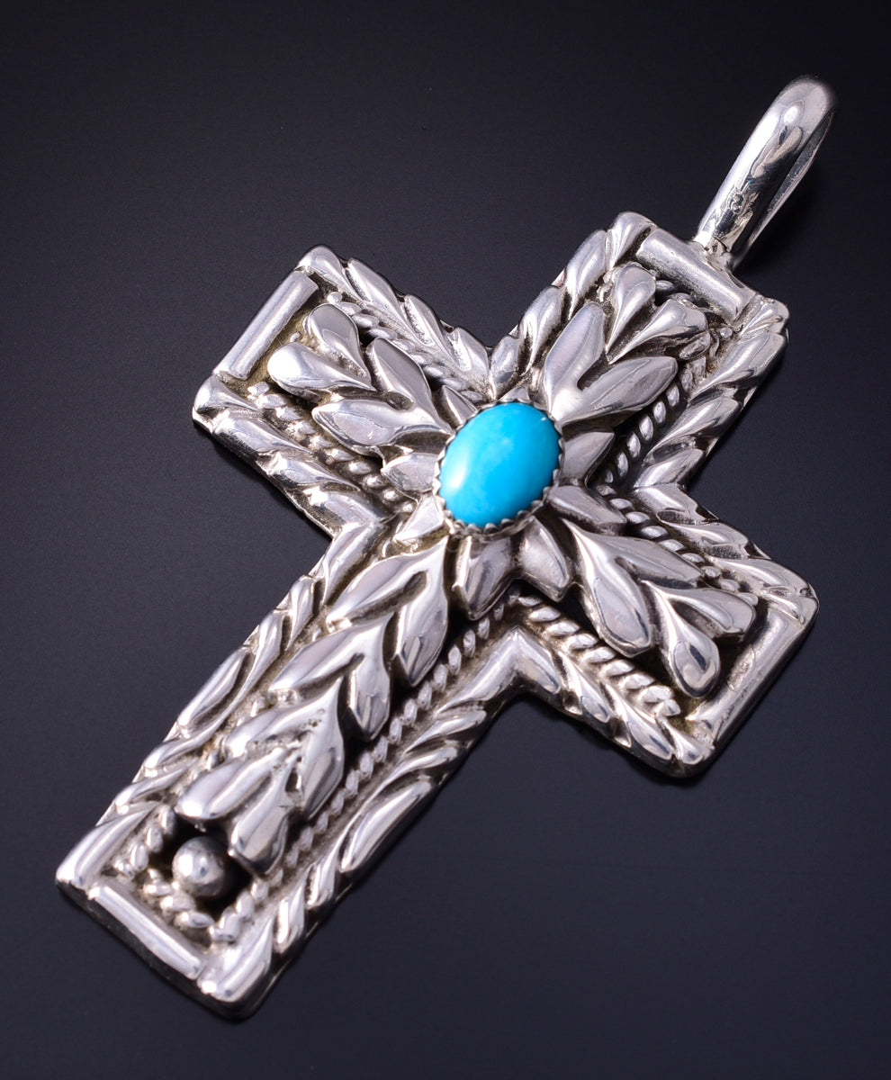 Silver & Turquoise Navajo Handmade Love Cross Pendant by Erick