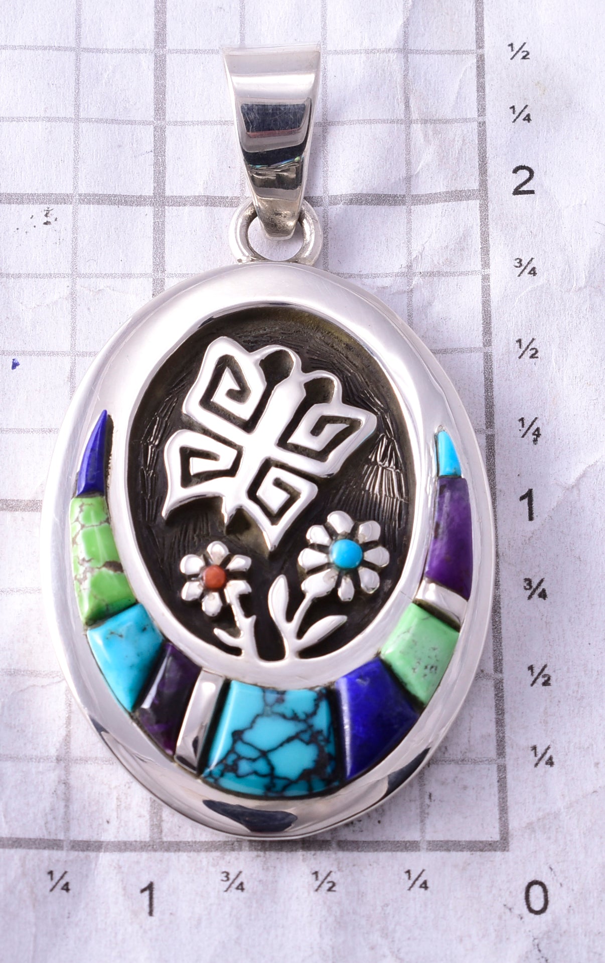 Silver & Turquoise Multistone Navajo Inlay Butterfly Pendant Erick Begay 4C02C