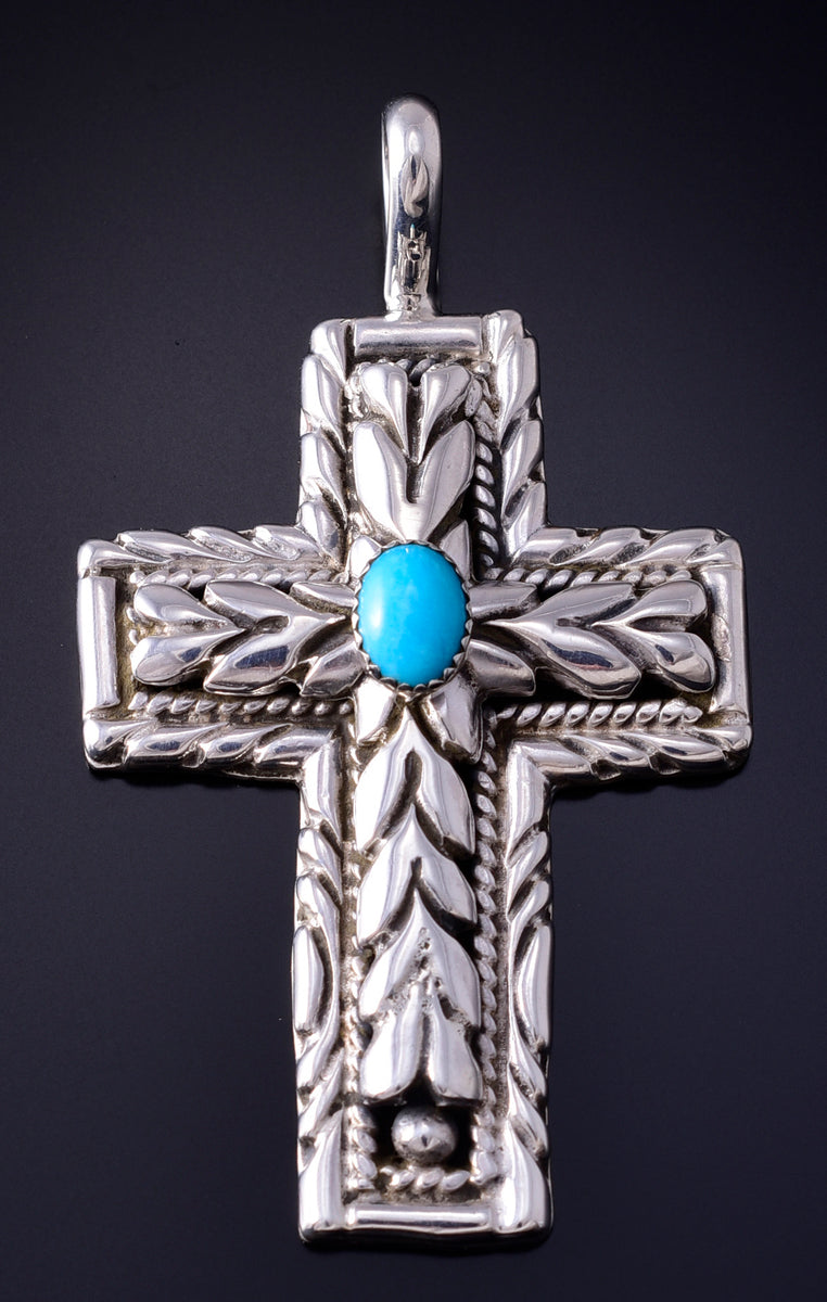 Silver & Turquoise Navajo Handmade Love Cross Pendant by Erick
