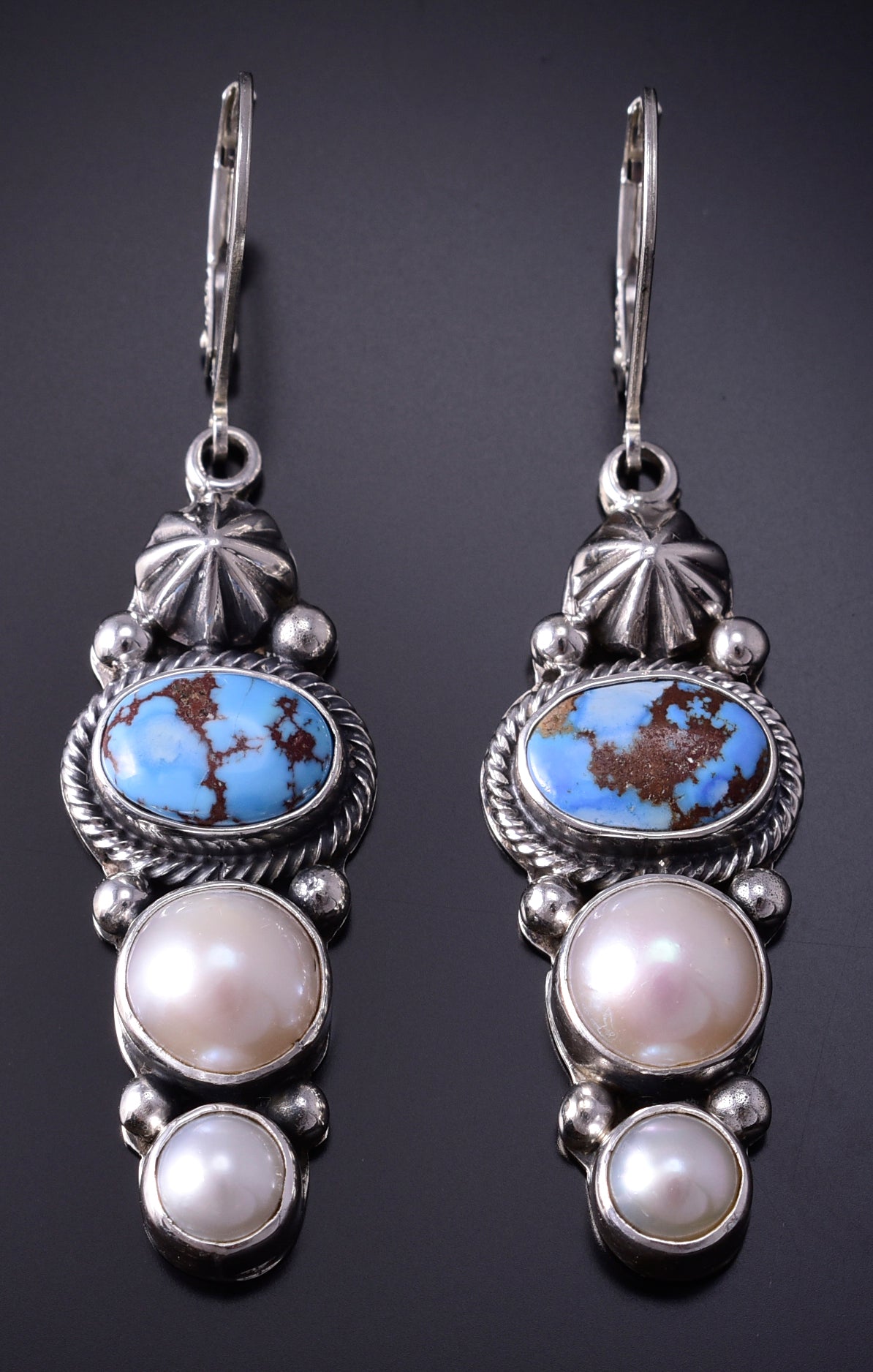 Silver & Golden Hills Turquoise Fresh Pearl Navajo Earrings by Erick Begay 5B25C