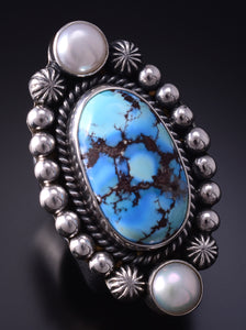 Size 8.5 Silver & Golden Hills Turquoise & Pearl Navajo Ring - Erick Begay 5B25Y