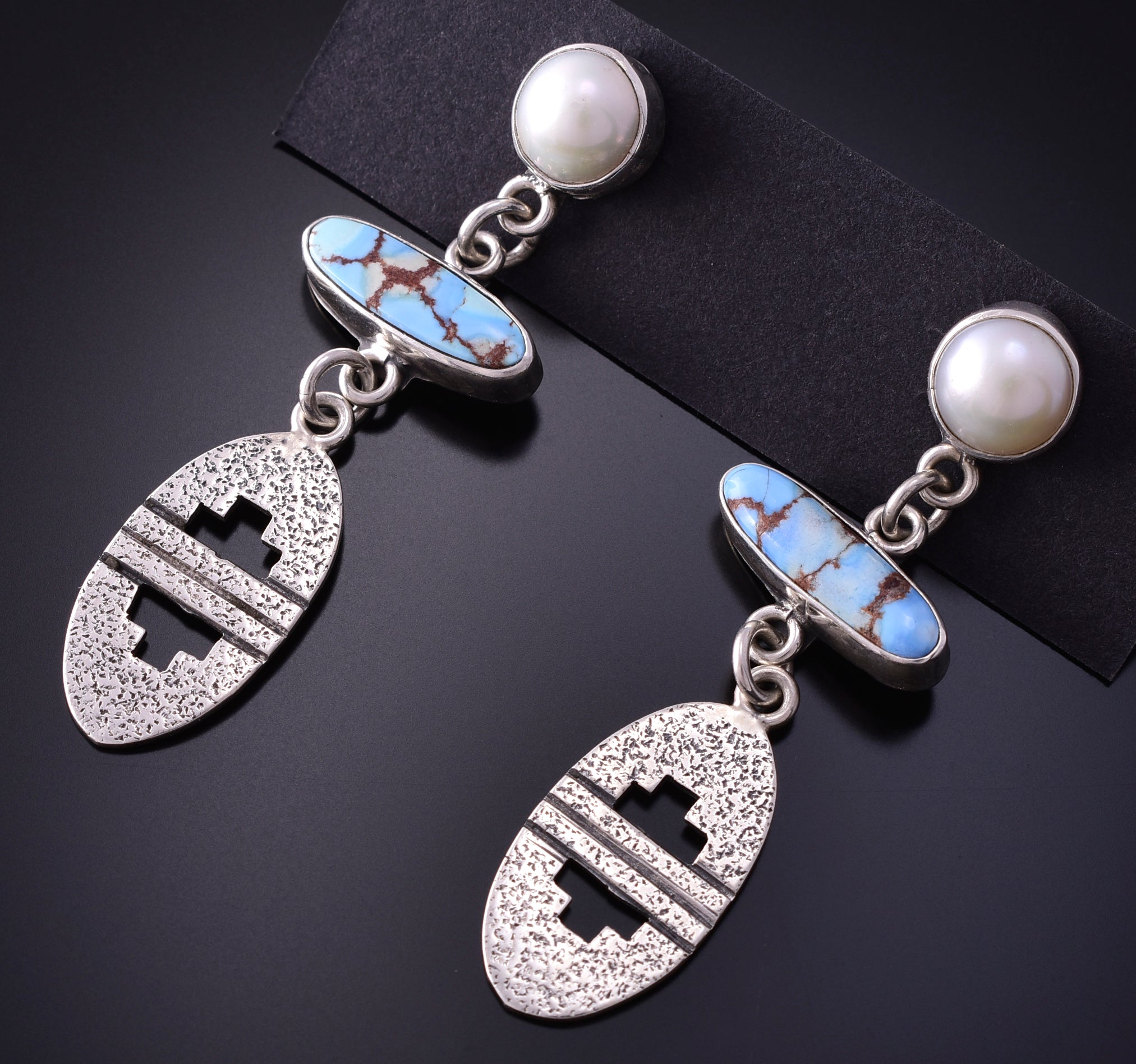 Silver & Golden Hills Turquoise w/ Fresh Pearl Navajo Earrings Erick Begay 4C01J