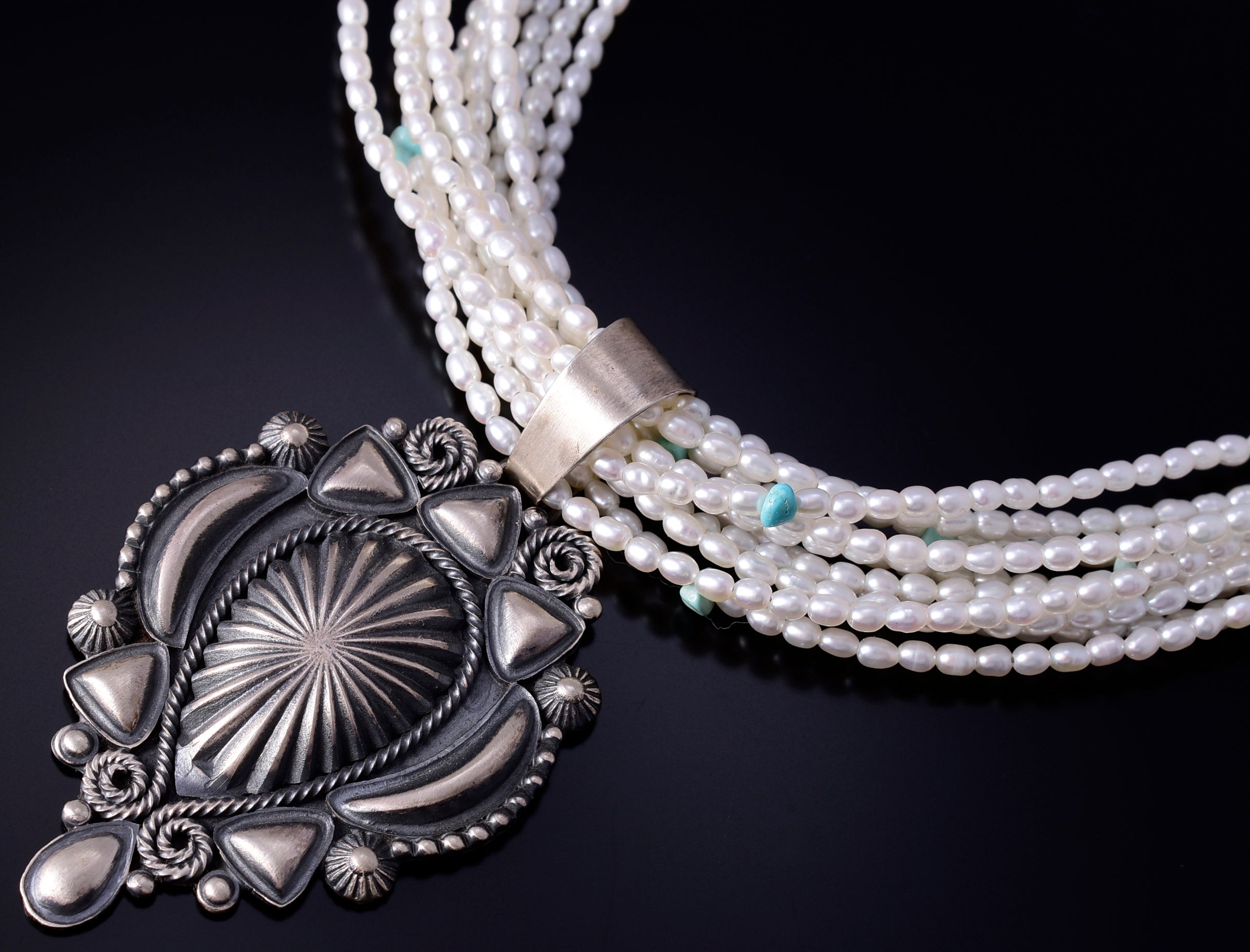 11 Strand Fresh Water Pearl & Turquoise Navajo Necklace by Erick Begay 5H03G
