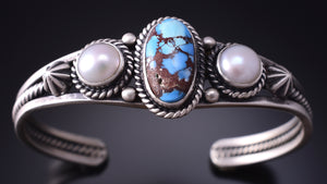 Silver & Golden Hills Turquoise Fresh Pearl Navajo Bracelet by Erick Begay 5B26G