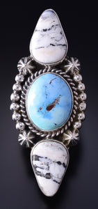 Sz 9 Silver & Golden Hills Turquoise White Buffalo Navajo Ring Erick Begay 5F30P