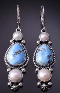 Silver & Golden Hills Turquoise Fresh Pearl Navajo Earrings by Erick Begay 5B25D