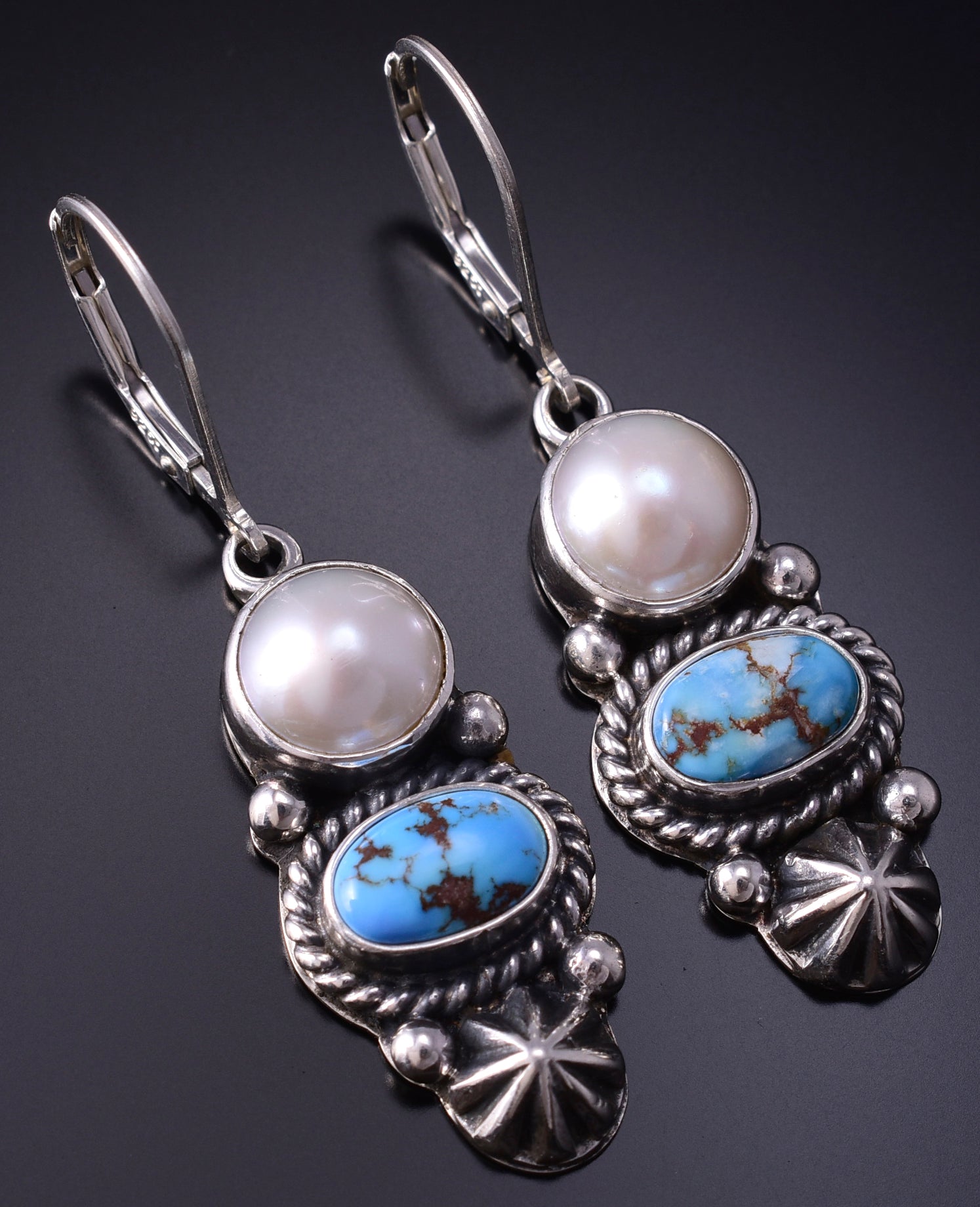 Silver & Golden Hills Turquoise Fresh Pearl Navajo Earrings by Erick Begay 5B25A