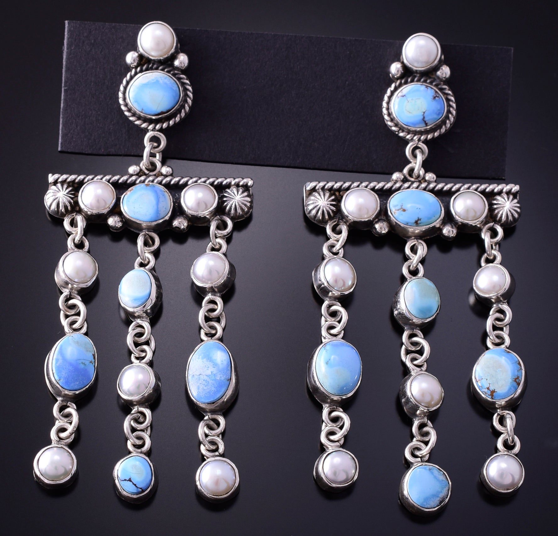 Silver & Golden Hills Turquoise w/ Fresh Pearl Navajo Earrings Erick Begay 4C01B