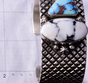 Silver & Golden Hills Turquoise /White Buffalo Navajo Bracelet Erick Begay 5H01D
