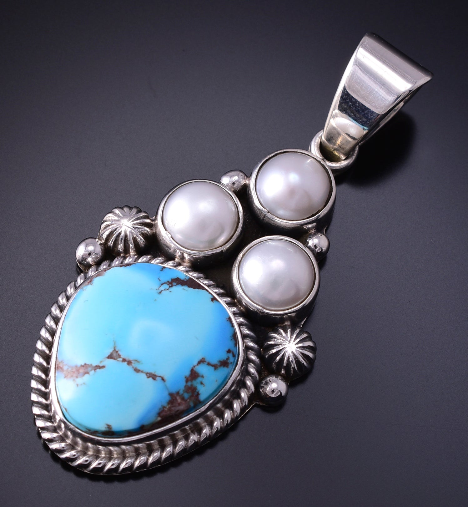 Silver & Golden Hills Turquoise Fresh Pearl Navajo Pendant by Erick Begay 4H33X