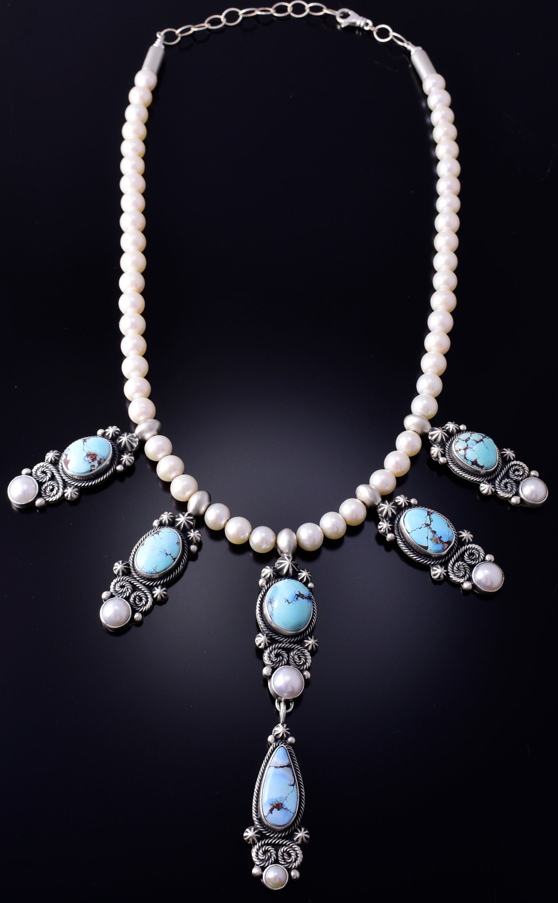 Silver & Golden Hills Turquoise Fresh Pearl Navajo Necklace by Erick Begay 5H03X