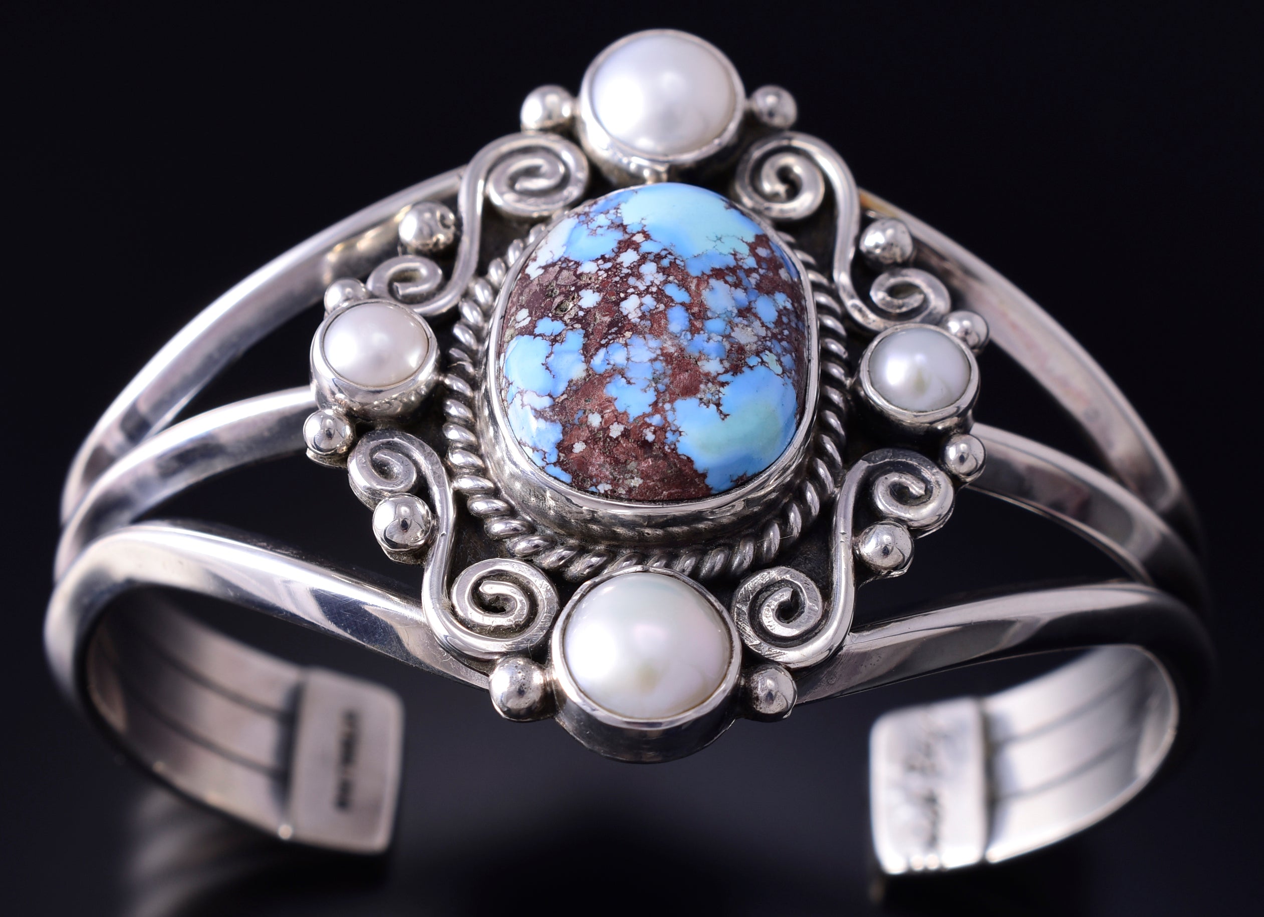Silver & Golden Hills Turquoise Fresh Pearl Navajo Bracelet by Erick Begay 5F30E