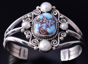 Silver & Golden Hills Turquoise Fresh Pearl Navajo Bracelet by Erick Begay 5F30E