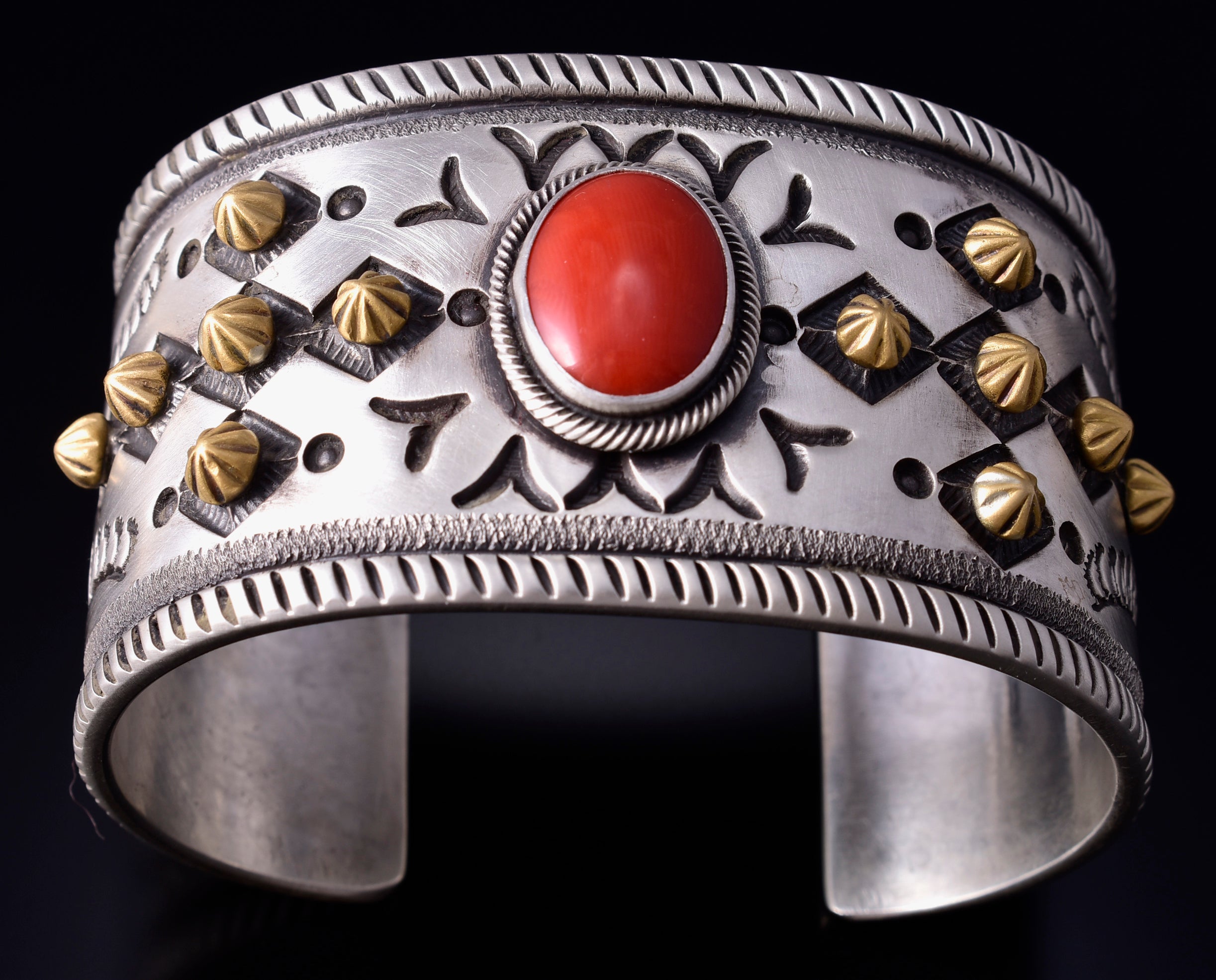 Silver & 22k Gold CROSS - w/ Mediterranean Coral Navajo Bracelet by Erick Begay 5H01B