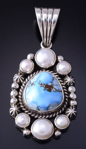 Silver & Golden Hills Turquoise Fresh Pearl Navajo Pendant by Erick Begay 5F30X
