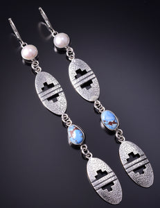 Silver & Golden Hills Turquoise Fresh Pearl Navajo Earrings by Erick Begay 5B25Q