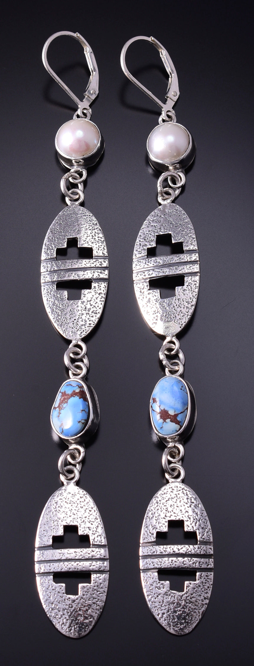 Silver & Golden Hills Turquoise Fresh Pearl Navajo Earrings by Erick Begay 5B25Q