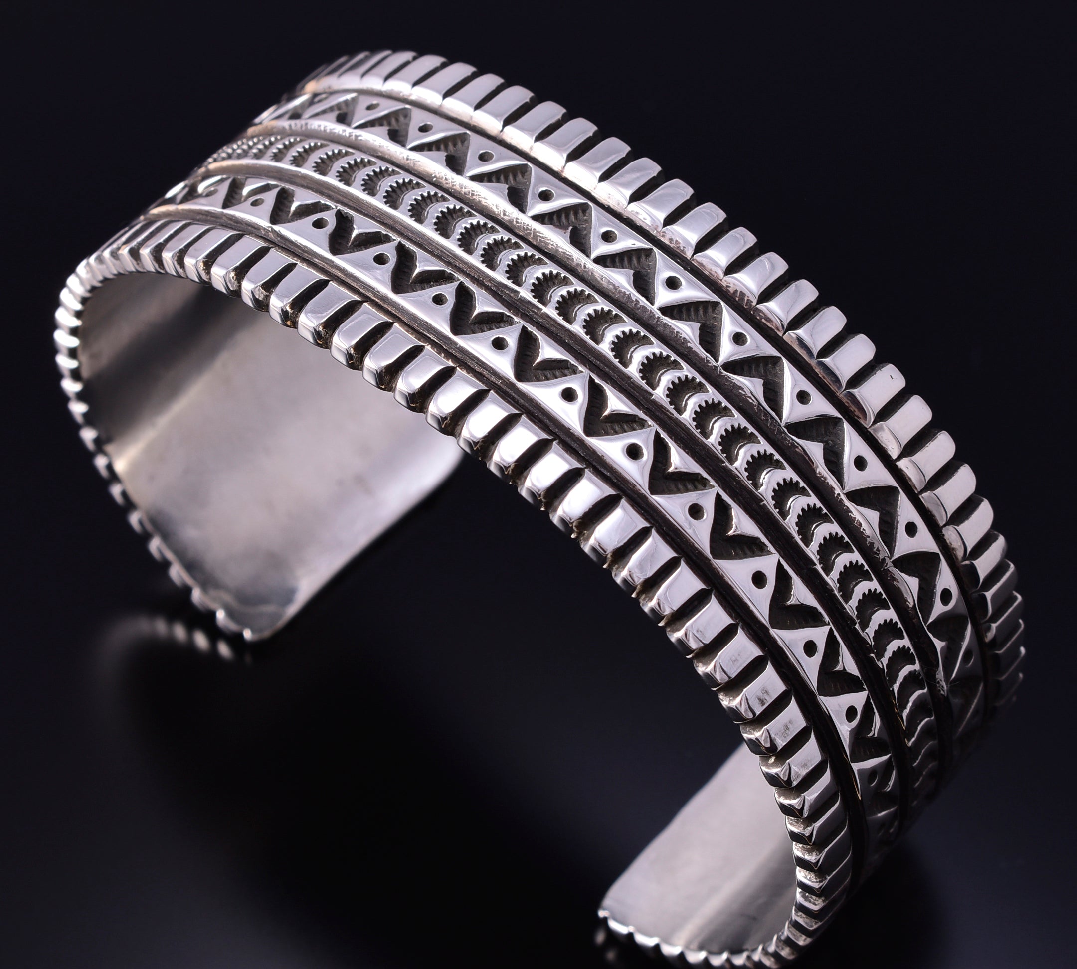 Silver Navajo Handstamped Mountains Valleys Bracelet by Erick Begay 4H33L