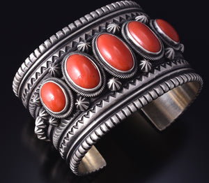 AWARD WINNING Silver & Coral Row Navajo Handmade Bracelet by Erick Begay 5H01A
