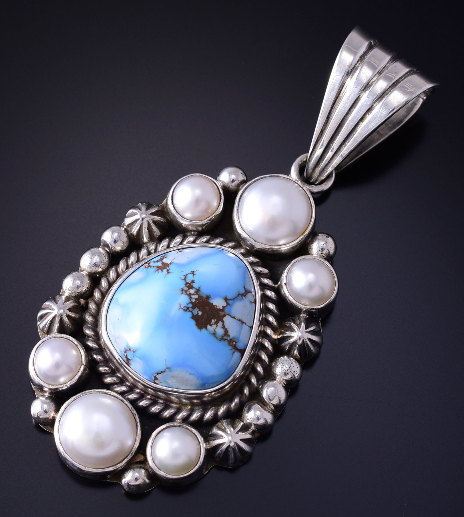 Silver & Golden Hills Turquoise Fresh Pearl Navajo Pendant by Erick Begay 5F30X