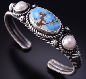 Silver & Golden Hills Turquoise Fresh Pearl Navajo Bracelet by Erick Begay 5B26S