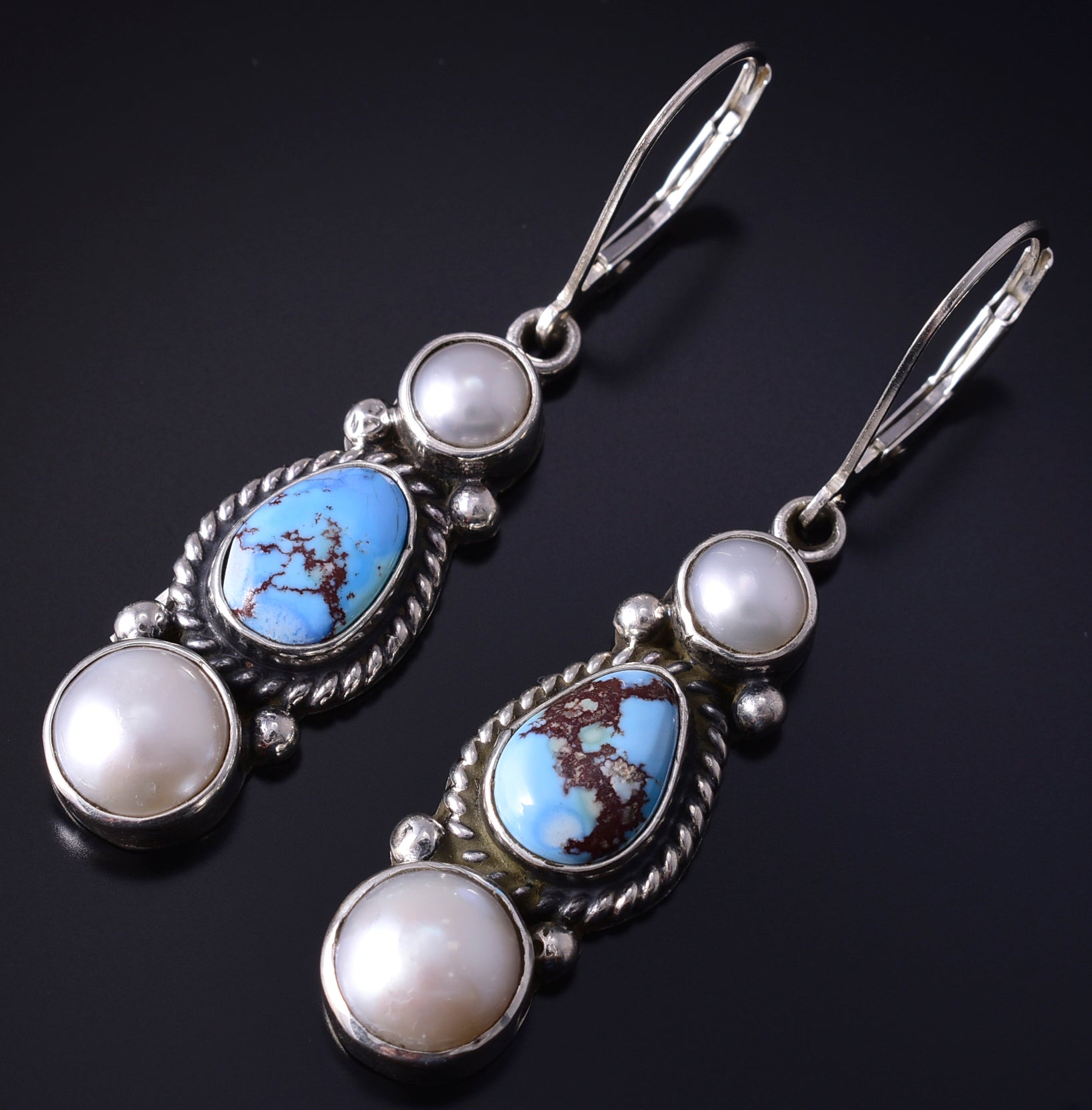 Silver & Golden Hills Turquoise Fresh Pearl Navajo Earrings by Erick Begay 5H02F