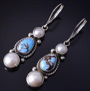 Silver & Golden Hills Turquoise Fresh Pearl Navajo Earrings by Erick Begay 5H02F