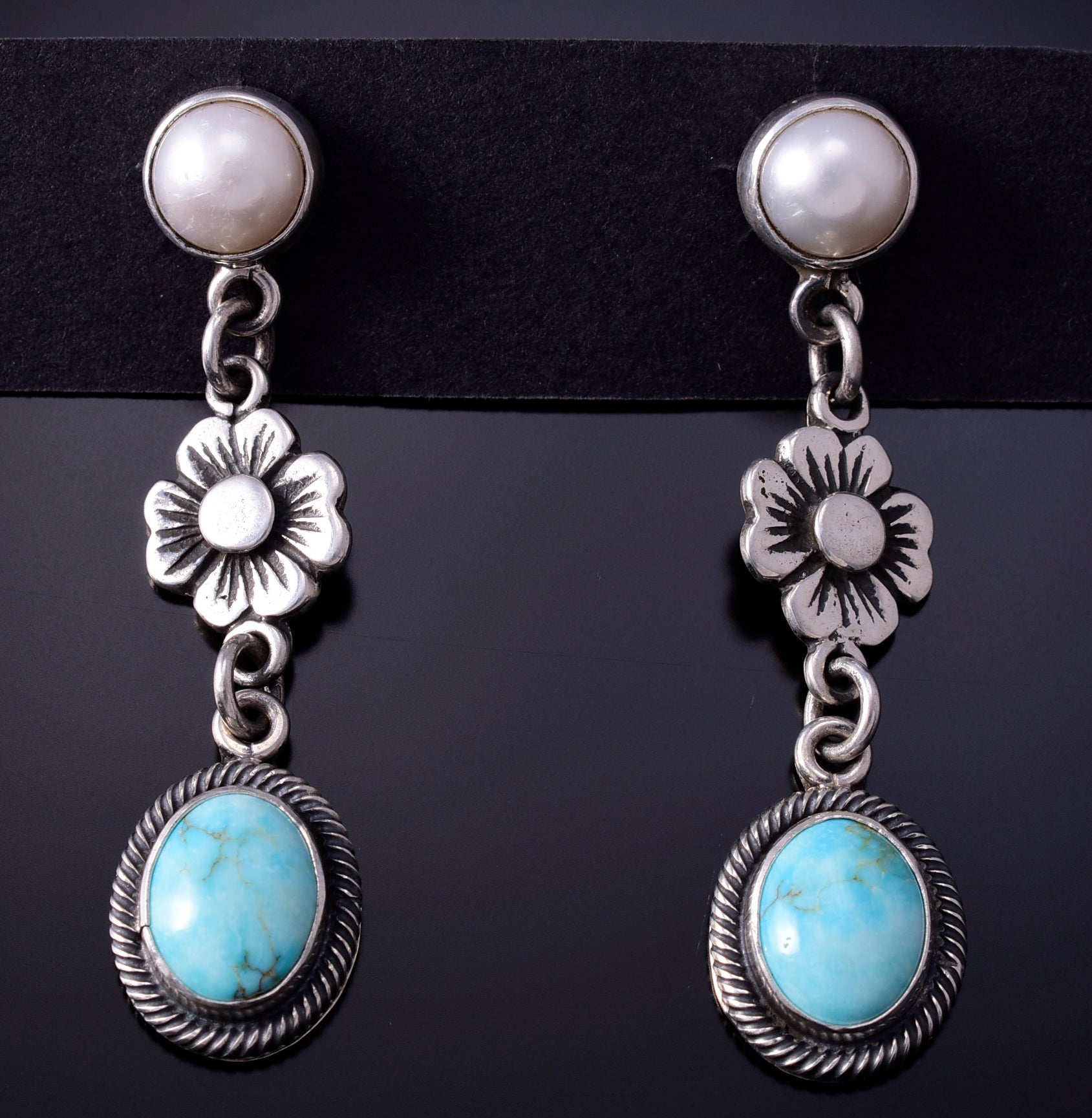 Silver & Turquoise w/ Fresh Water Pearl Flower Navajo Earrings Erick Begay 4L22E