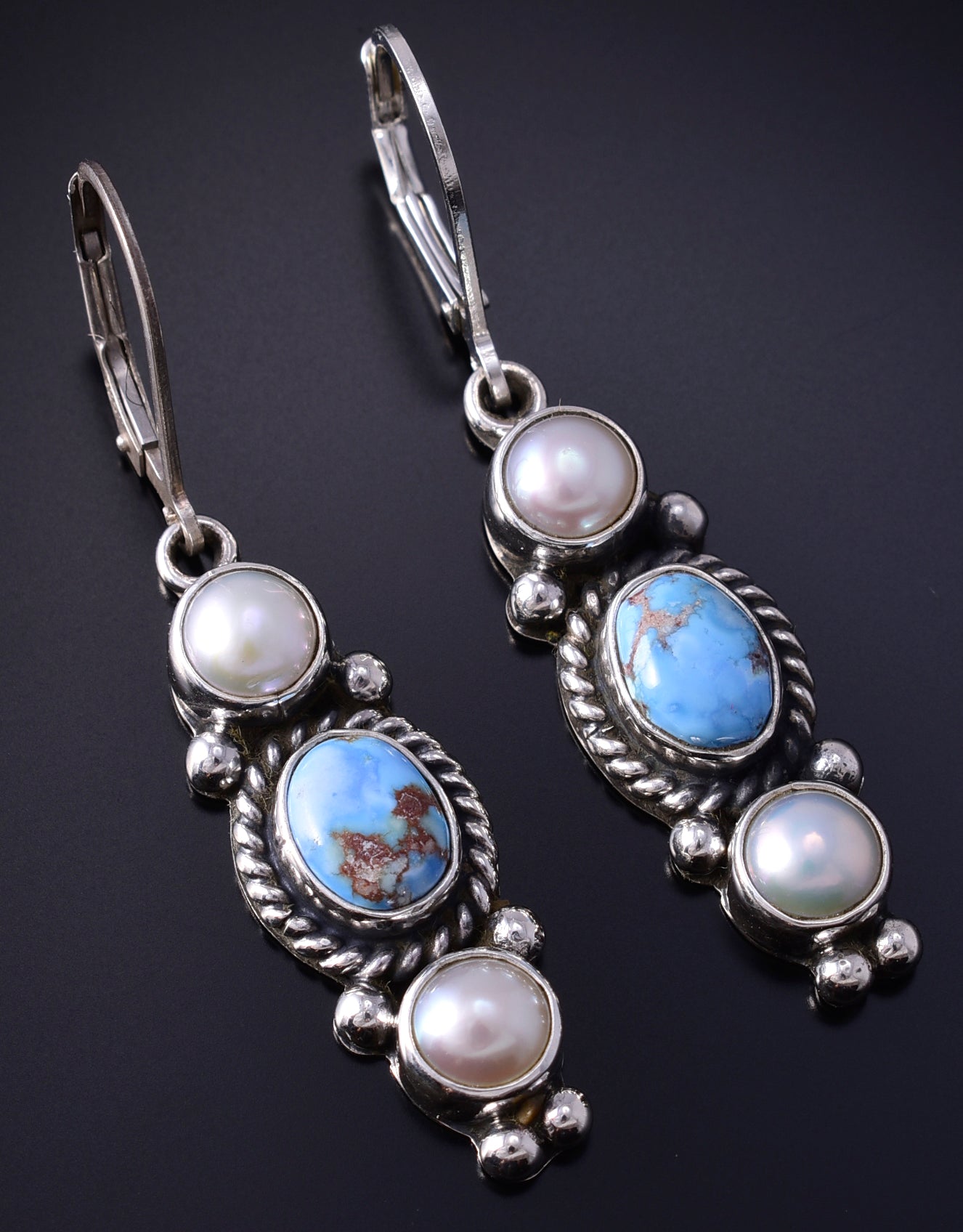 Silver & Golden Hills Turquoise Fresh Pearl Navajo Earrings by Erick Begay 5H02M