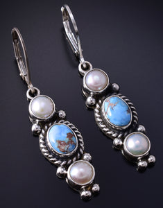 Silver & Golden Hills Turquoise Fresh Pearl Navajo Earrings by Erick Begay 5H02M