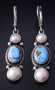 Silver & Golden Hills Turquoise Fresh Pearl Navajo Earrings by Erick Begay 5H02P