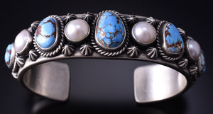 Silver & Golden Hills Turquoise Fresh Pearl Navajo Bracelet by Erick Begay 5B26N