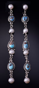 Silver & Golden Hills Turquoise Fresh Pearl Navajo Earrings by Erick Begay 5B25W