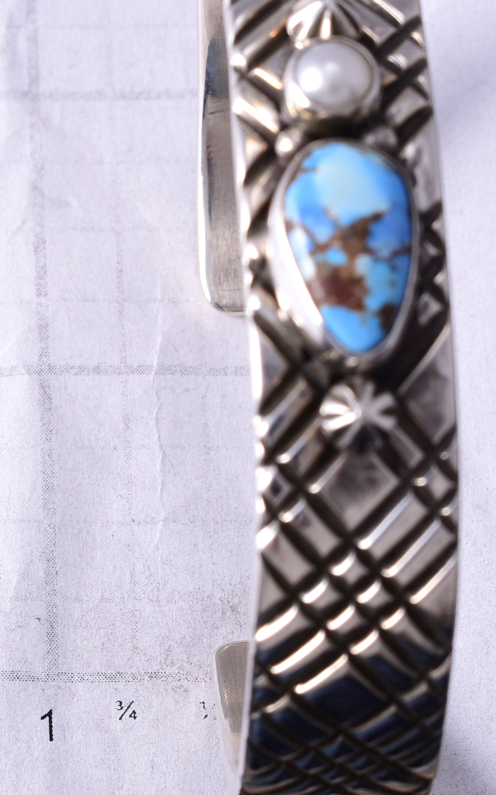 Silver & Golden Hills Turquoise Fresh Pearl Navajo Bracelet by Erick Begay 5H01Q