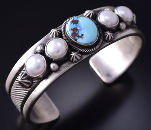 Silver & Golden Hills Turquoise Fresh Pearl Navajo Bracelet by Erick Begay 5F30Q