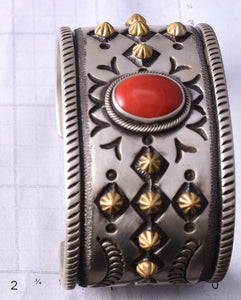 Silver & 22k Gold CROSS - w/ Mediterranean Coral Navajo Bracelet by Erick Begay 5H01B