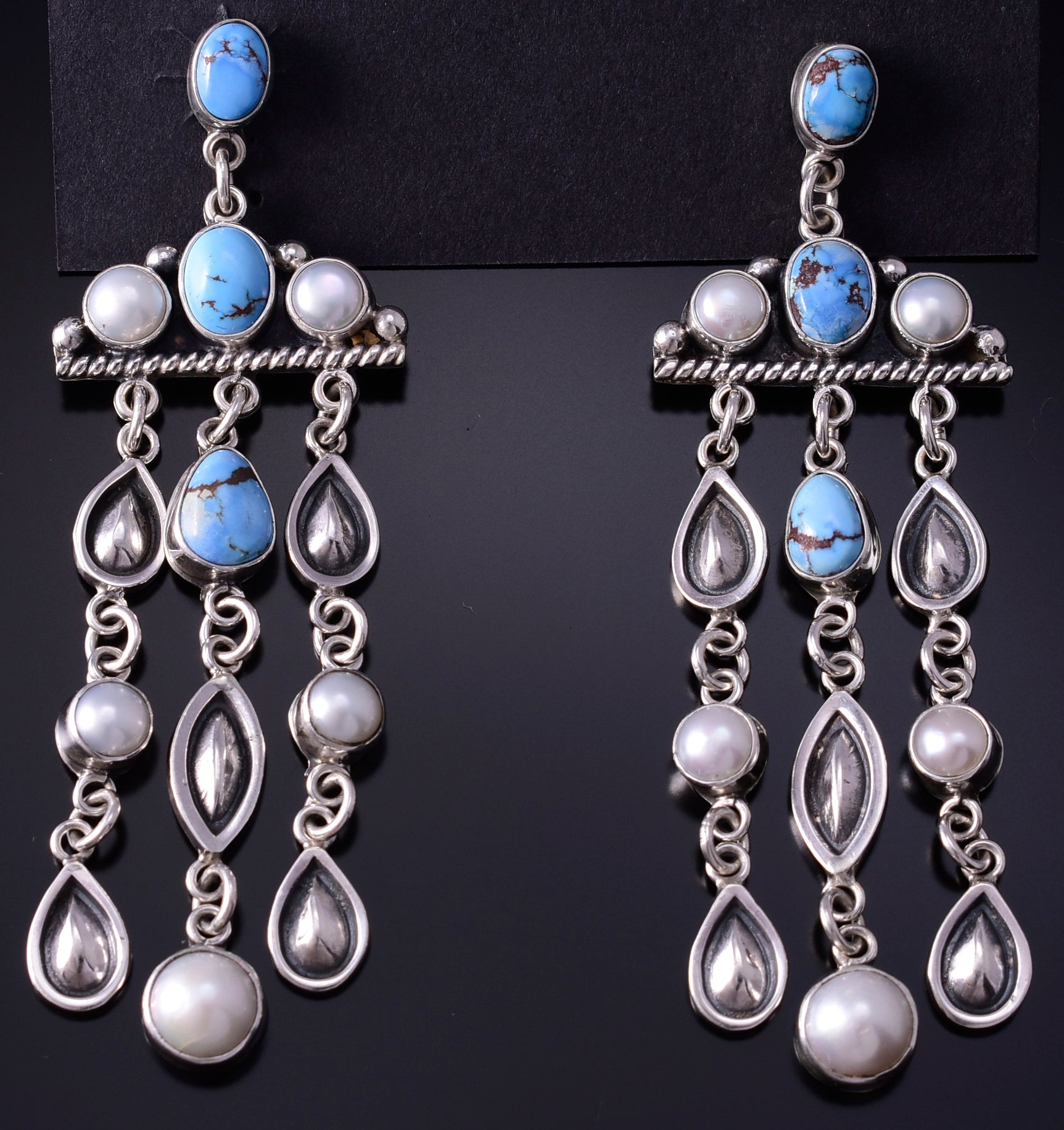 Silver & Golden Hills Turquoise Fresh Pearl Navajo Earrings by Erick Begay 5B25X