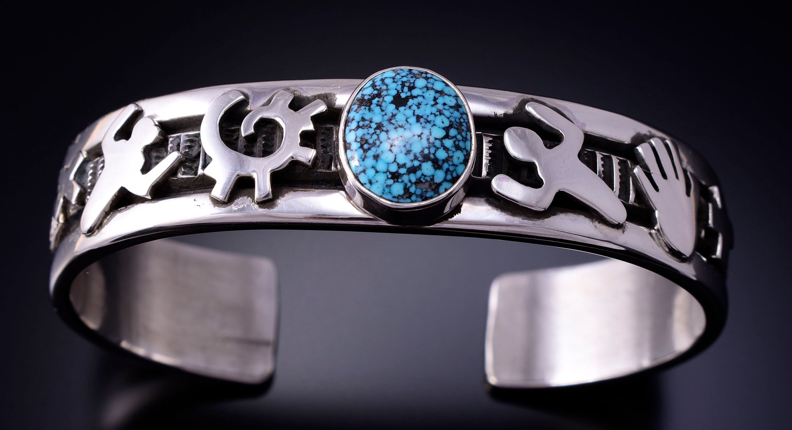 Silver & Kingman Turquoise Navajo Petroglyph Bracelet by Erick Begay 4H35F