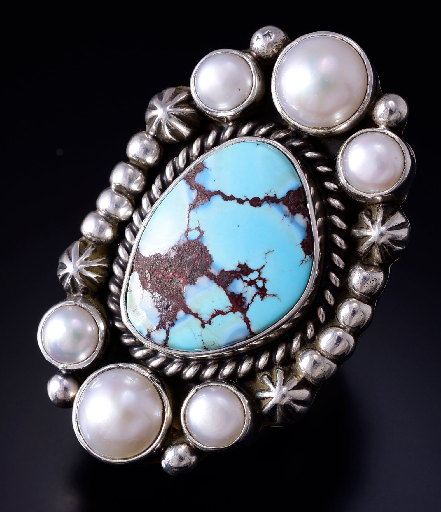 7-3/4 Silver & Golden Hills Turquoise Fresh Pearl Navajo Ring Erick Begay 5F30G