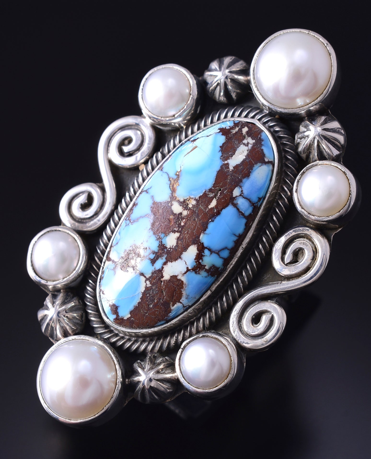 Sz 7.5 Silver & Golden Hills Turquoise Fresh Pearl Navajo Ring Erick Begay 5F30F