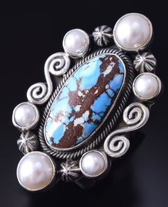 Sz 7.5 Silver & Golden Hills Turquoise Fresh Pearl Navajo Ring Erick Begay 5F30F