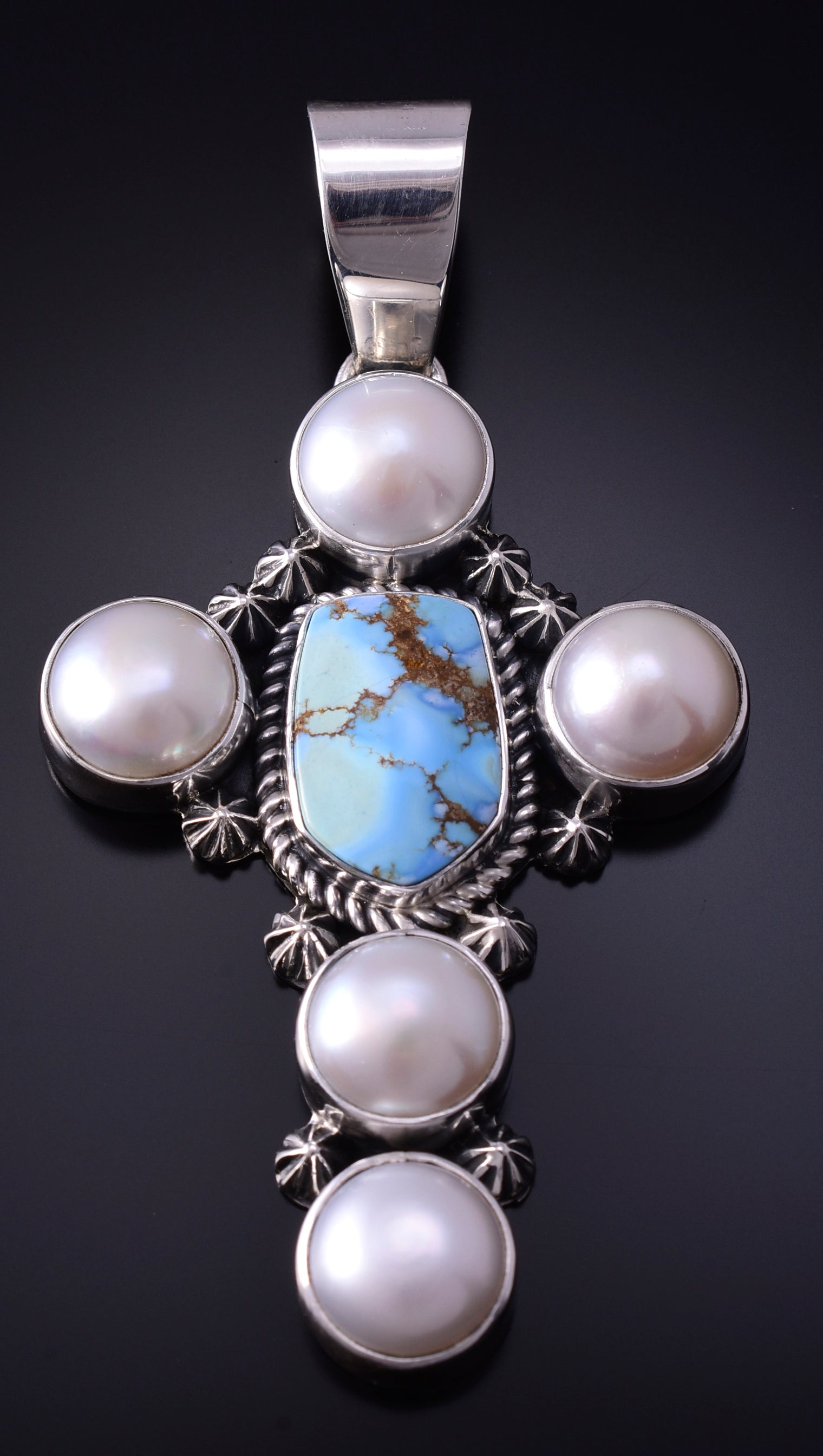 Silver & Golden Hills Turquoise Fresh Pearl Navajo Pendant by Erick Begay 5B26M