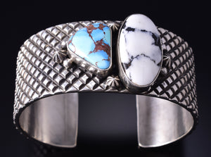 Silver & Golden Hills Turquoise /White Buffalo Navajo Bracelet Erick Begay 5H01D