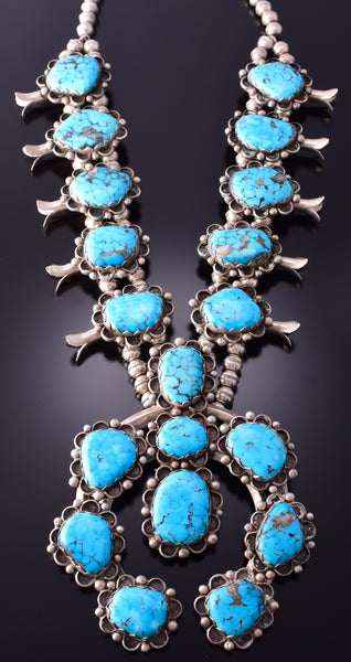 Vintage Silver & Turquoise Navajo Squash Blossom Necklace by Annie
