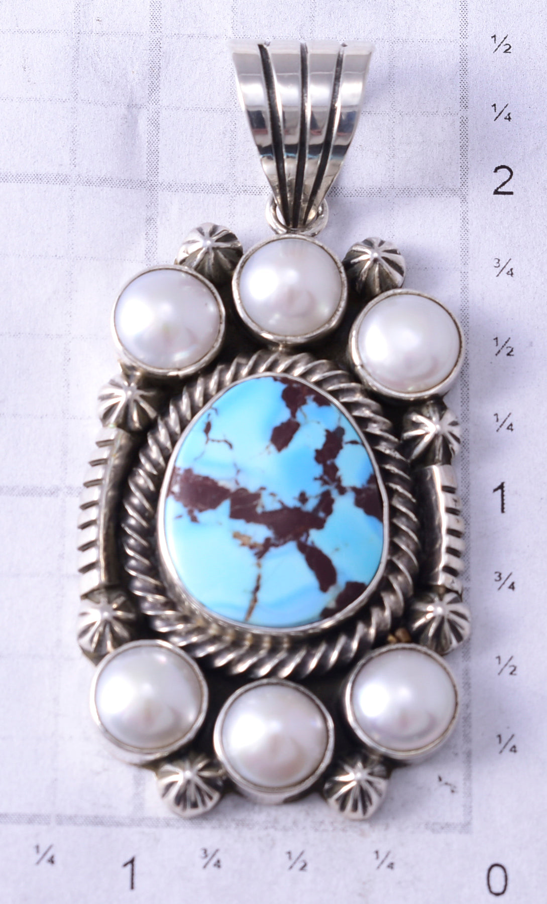 Silver & Golden Hills Turquoise Fresh Pearl Navajo Pendant by Erick Begay 5F30V